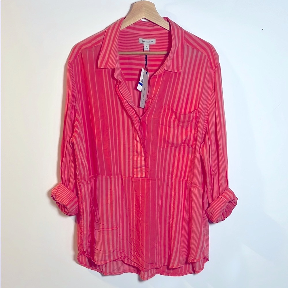 Calvin Klein Women's Coral Striped  Pullover Collared Top with Buttons